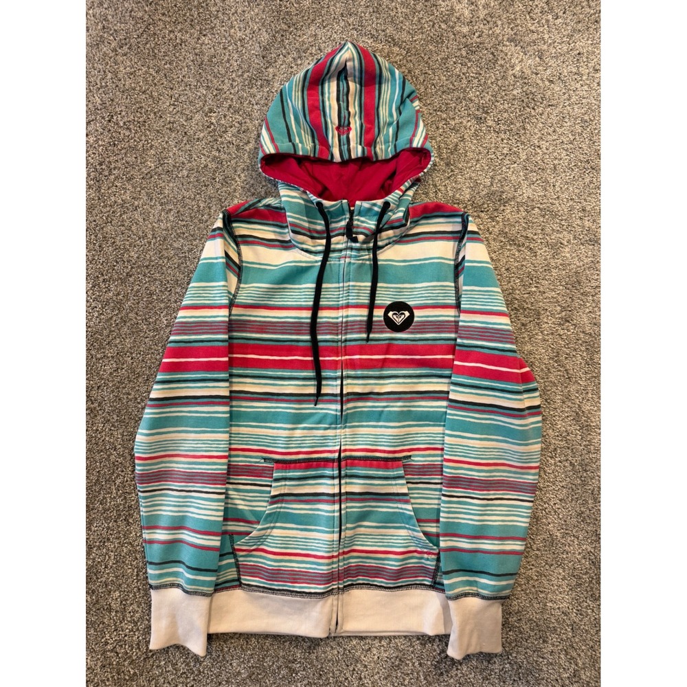 Roxy Hoodie Womens Large Teal Pink Striped Full Zip M474748C Surf Sweatshirt